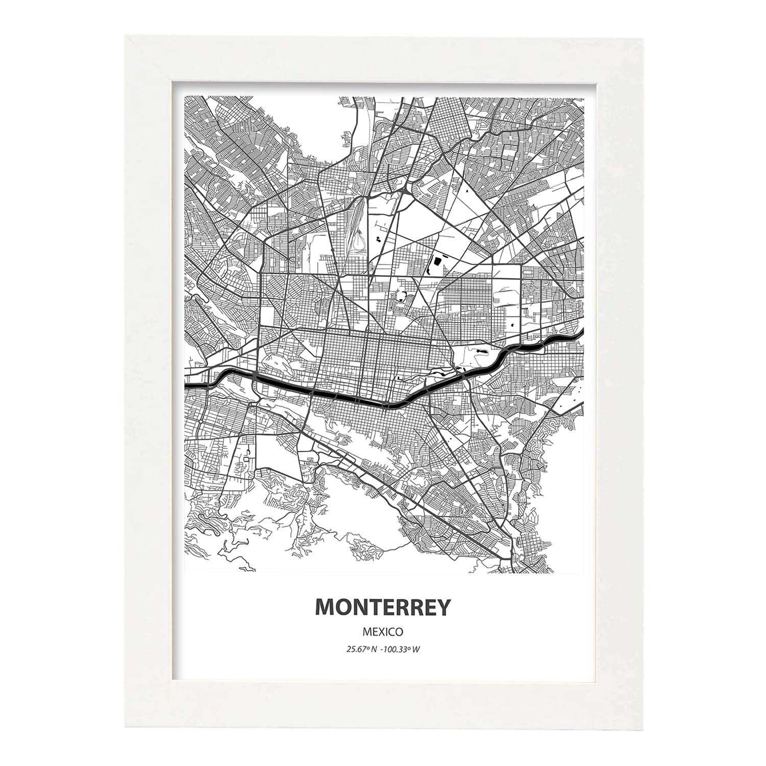 Poster con mapa de Monterrey - Mexico. Láminas de ciudades de Latinoamérica con mares y ríos en color negro.-Artwork-Nacnic-A3-Marco Blanco-Nacnic Estudio SL