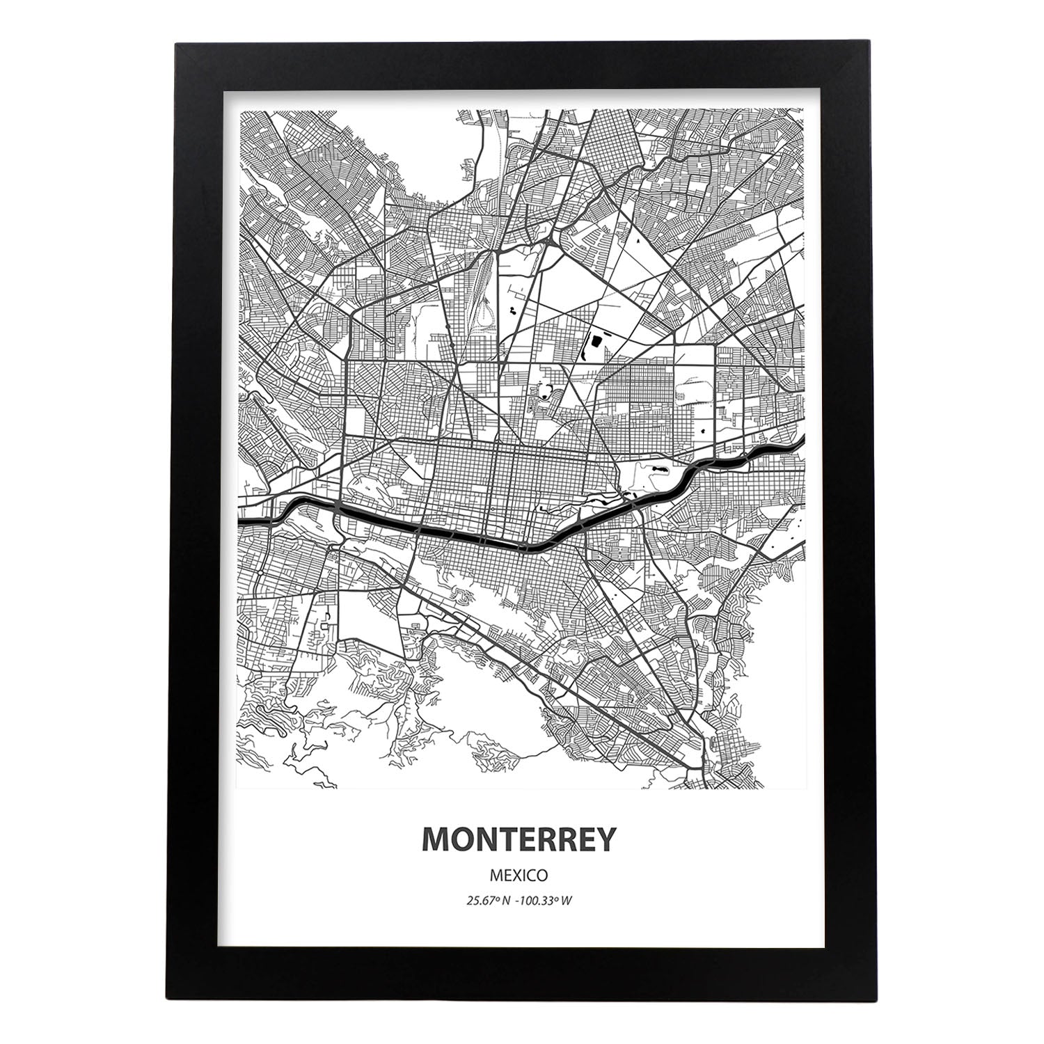 Poster con mapa de Monterrey - Mexico. Láminas de ciudades de Latinoamérica con mares y ríos en color negro.-Artwork-Nacnic-A3-Marco Negro-Nacnic Estudio SL