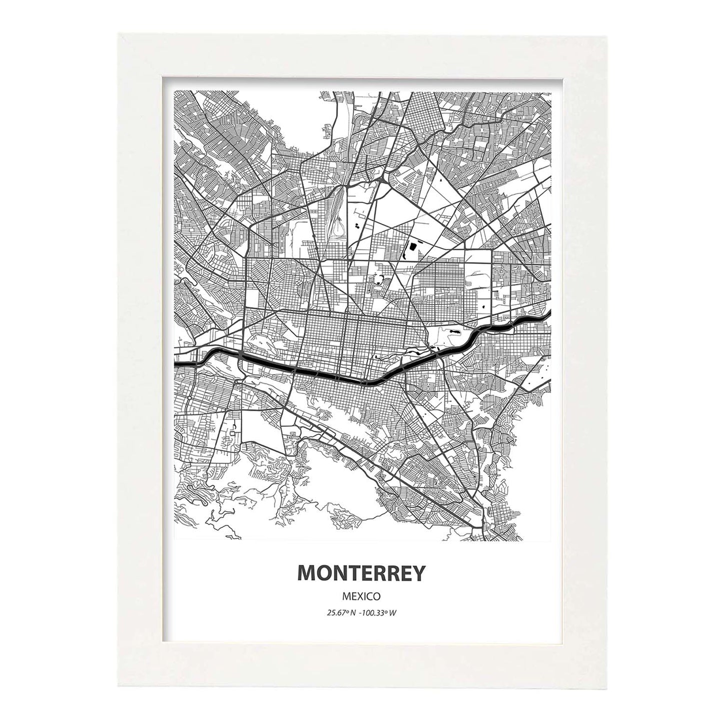 Poster con mapa de Monterrey - Mexico. Láminas de ciudades de Latinoamérica con mares y ríos en color negro.-Artwork-Nacnic-A4-Marco Blanco-Nacnic Estudio SL
