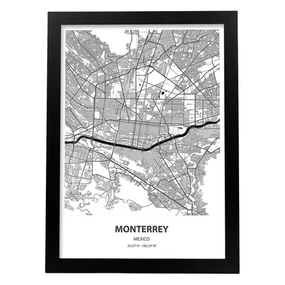 Poster con mapa de Monterrey - Mexico. Láminas de ciudades de Latinoamérica con mares y ríos en color negro.-Artwork-Nacnic-A4-Marco Negro-Nacnic Estudio SL