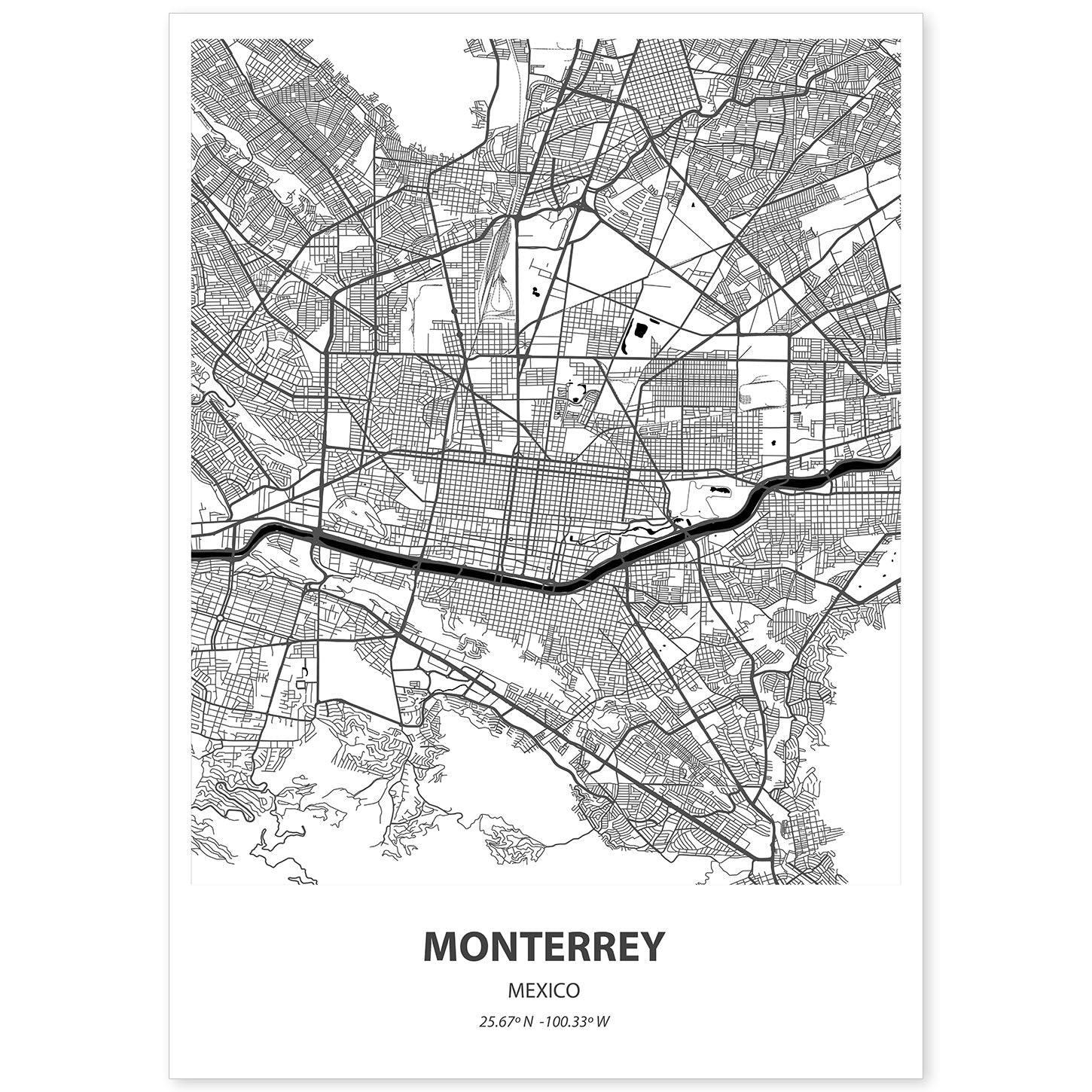 Poster con mapa de Monterrey - Mexico. Láminas de ciudades de Latinoamérica con mares y ríos en color negro.-Artwork-Nacnic-A4-Sin marco-Nacnic Estudio SL