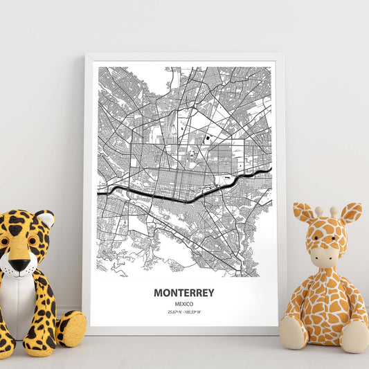 Poster con mapa de Monterrey - Mexico. Láminas de ciudades de Latinoamérica con mares y ríos en color negro.-Artwork-Nacnic-Nacnic Estudio SL