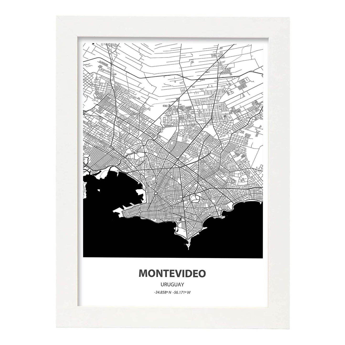 Poster con mapa de Montevideo - Canada. Láminas de ciudades de Estados Unidos con mares y ríos en color negro.-Artwork-Nacnic-A3-Marco Blanco-Nacnic Estudio SL