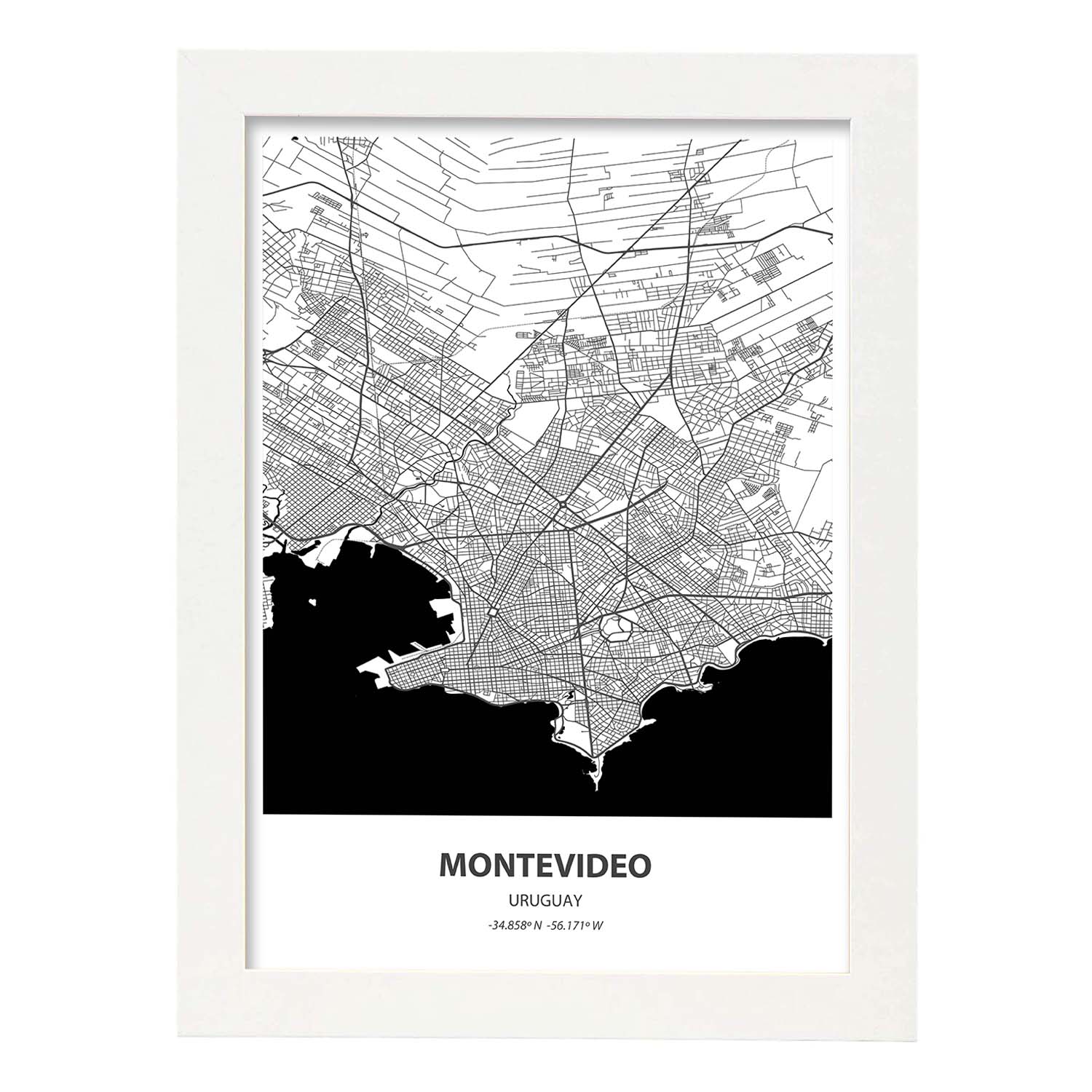 Poster con mapa de Montevideo - Canada. Láminas de ciudades de Estados Unidos con mares y ríos en color negro.-Artwork-Nacnic-A3-Marco Blanco-Nacnic Estudio SL