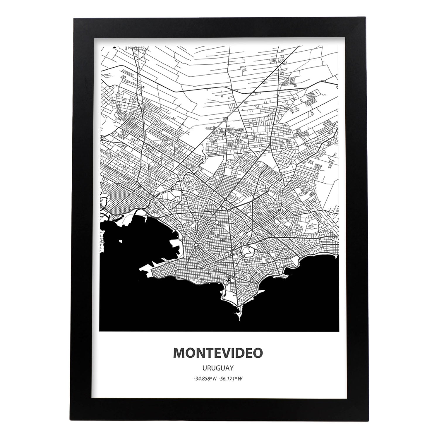 Poster con mapa de Montevideo - Canada. Láminas de ciudades de Estados Unidos con mares y ríos en color negro.-Artwork-Nacnic-A3-Marco Negro-Nacnic Estudio SL