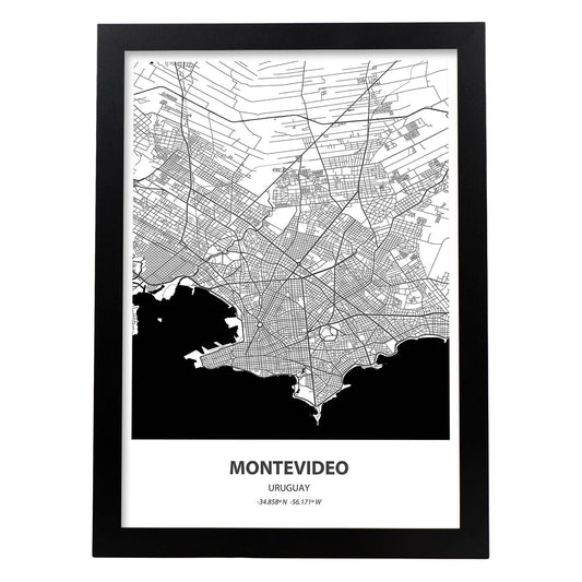 Poster con mapa de Montevideo - Canada. Láminas de ciudades de Estados Unidos con mares y ríos en color negro.-Artwork-Nacnic-A4-Marco Negro-Nacnic Estudio SL