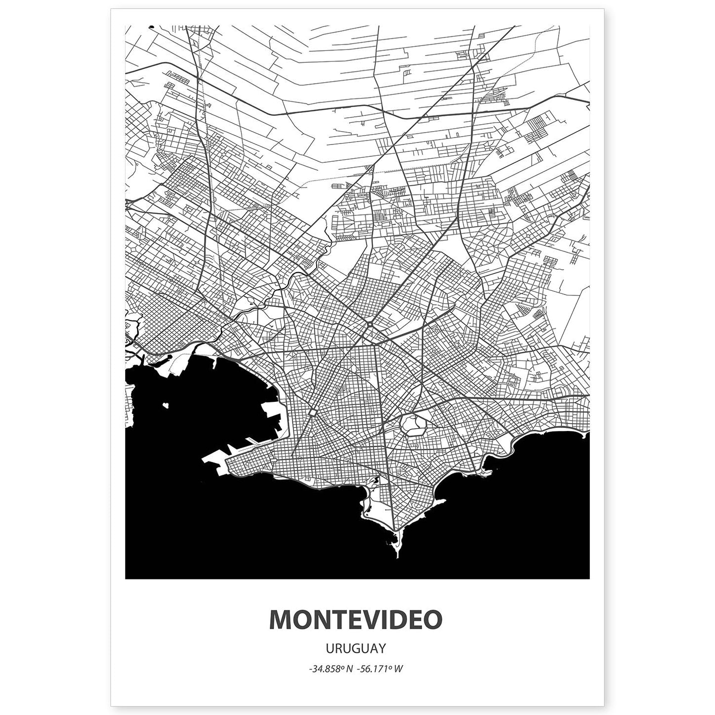 Poster con mapa de Montevideo - Canada. Láminas de ciudades de Estados Unidos con mares y ríos en color negro.-Artwork-Nacnic-A4-Sin marco-Nacnic Estudio SL
