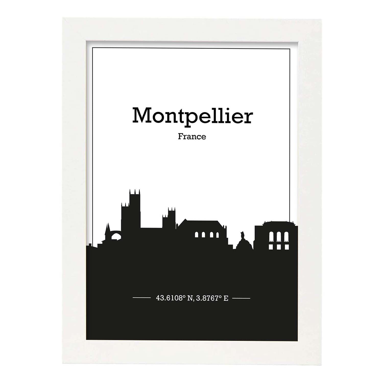 Poster con mapa de Montpellier - Francia. Láminas con Skyline de ciudades de Francia con sombra negra.-Artwork-Nacnic-A3-Marco Blanco-Nacnic Estudio SL