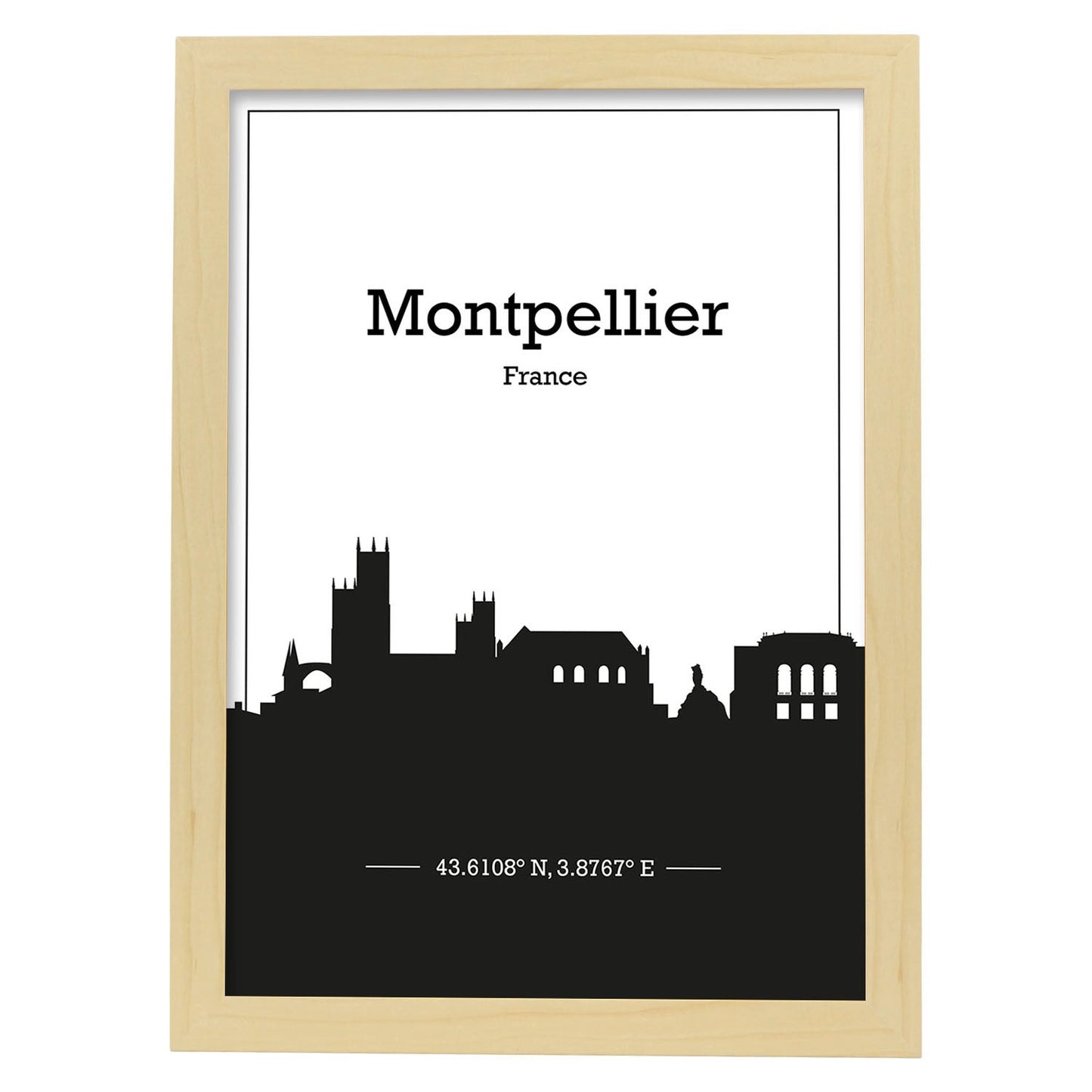 Poster con mapa de Montpellier - Francia. Láminas con Skyline de ciudades de Francia con sombra negra.-Artwork-Nacnic-A3-Marco Madera clara-Nacnic Estudio SL