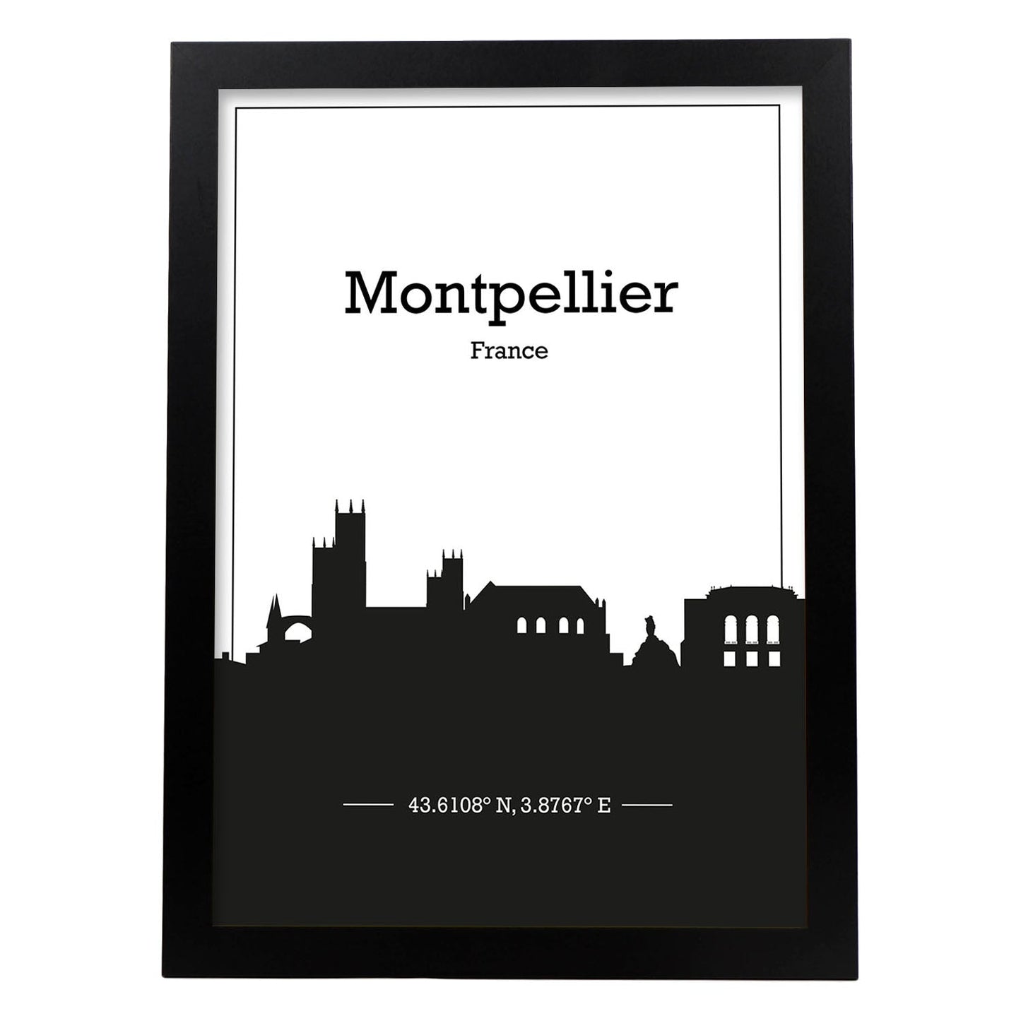 Poster con mapa de Montpellier - Francia. Láminas con Skyline de ciudades de Francia con sombra negra.-Artwork-Nacnic-A3-Marco Negro-Nacnic Estudio SL