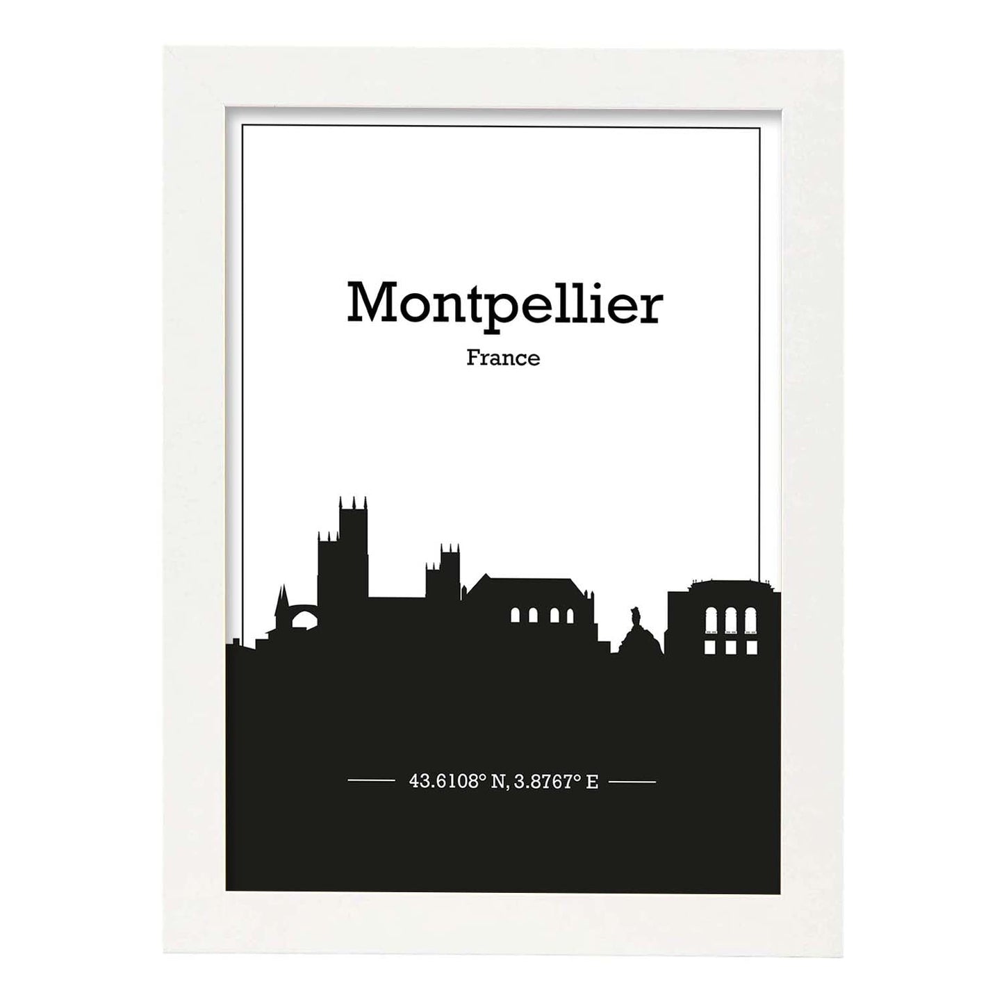 Poster con mapa de Montpellier - Francia. Láminas con Skyline de ciudades de Francia con sombra negra.-Artwork-Nacnic-A4-Marco Blanco-Nacnic Estudio SL