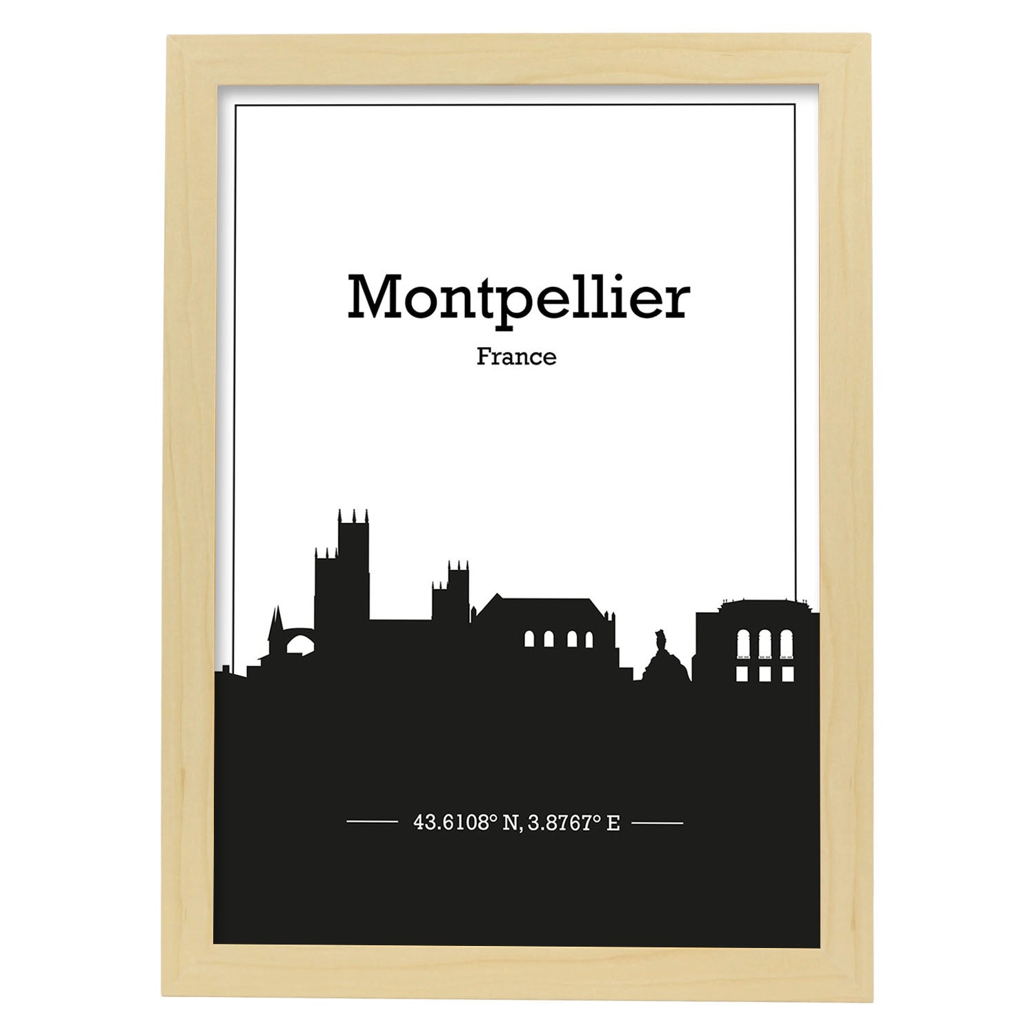 Poster con mapa de Montpellier - Francia. Láminas con Skyline de ciudades de Francia con sombra negra.-Artwork-Nacnic-A4-Marco Madera clara-Nacnic Estudio SL