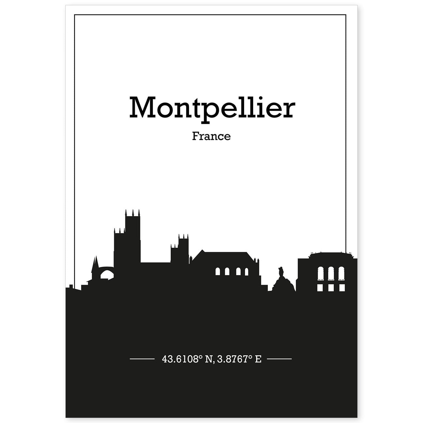 Poster con mapa de Montpellier - Francia. Láminas con Skyline de ciudades de Francia con sombra negra.-Artwork-Nacnic-A4-Sin marco-Nacnic Estudio SL