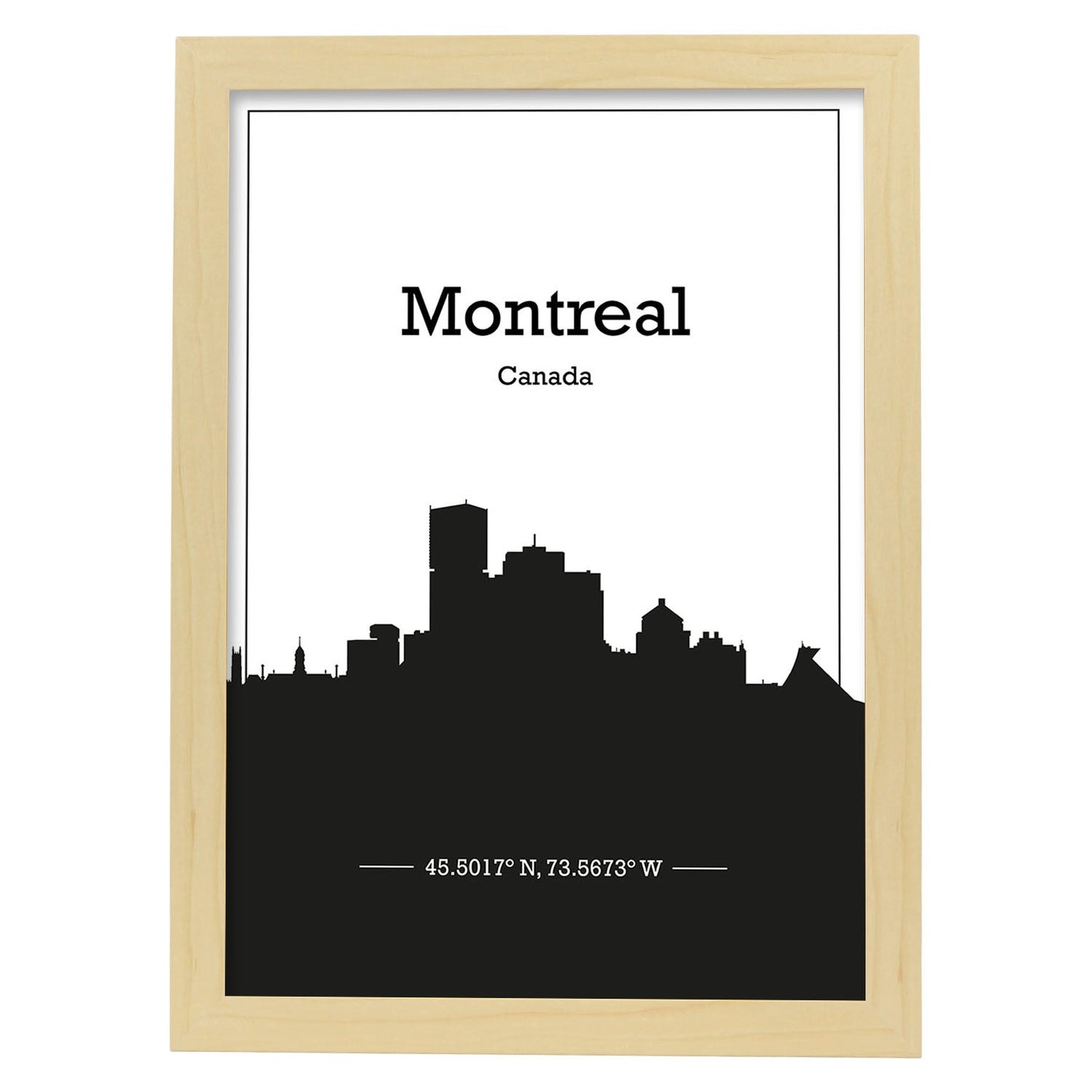 Poster con mapa de Montreal - Canada. Láminas con Skyline de ciudades de Estados Unidos, Canada, Mexico con sombra negra.-Artwork-Nacnic-A3-Marco Madera clara-Nacnic Estudio SL