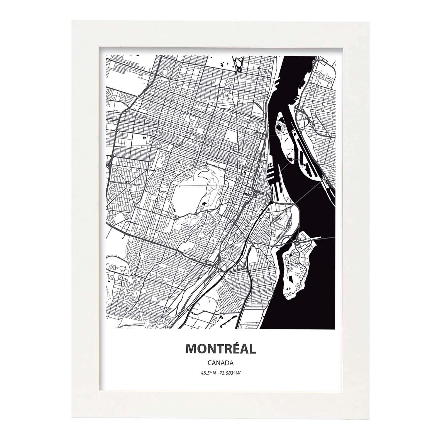 Poster con mapa de Montreal - canada. Láminas de ciudades de Canada con mares y ríos en color negro.-Artwork-Nacnic-A3-Marco Blanco-Nacnic Estudio SL