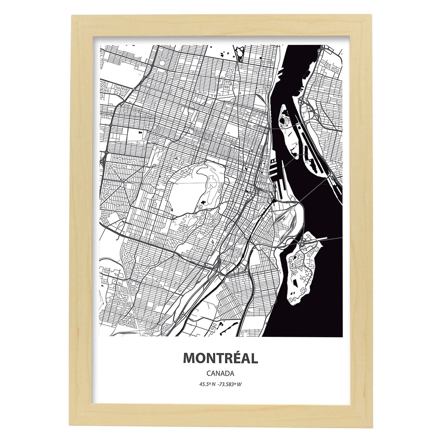 Poster con mapa de Montreal - canada. Láminas de ciudades de Canada con mares y ríos en color negro.-Artwork-Nacnic-A3-Marco Madera clara-Nacnic Estudio SL