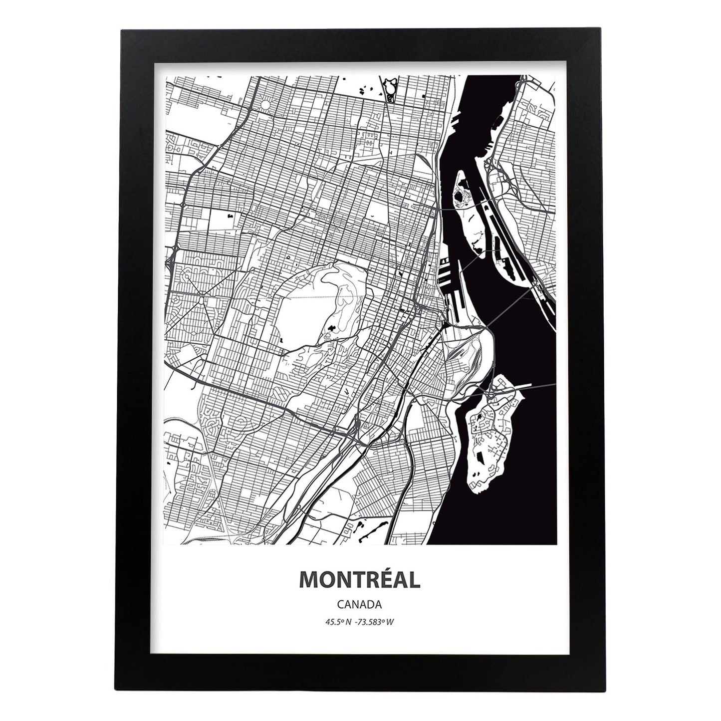 Poster con mapa de Montreal - canada. Láminas de ciudades de Canada con mares y ríos en color negro.-Artwork-Nacnic-A3-Marco Negro-Nacnic Estudio SL