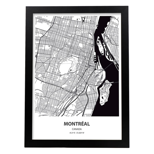 Poster con mapa de Montreal - canada. Láminas de ciudades de Canada con mares y ríos en color negro.-Artwork-Nacnic-A4-Marco Negro-Nacnic Estudio SL