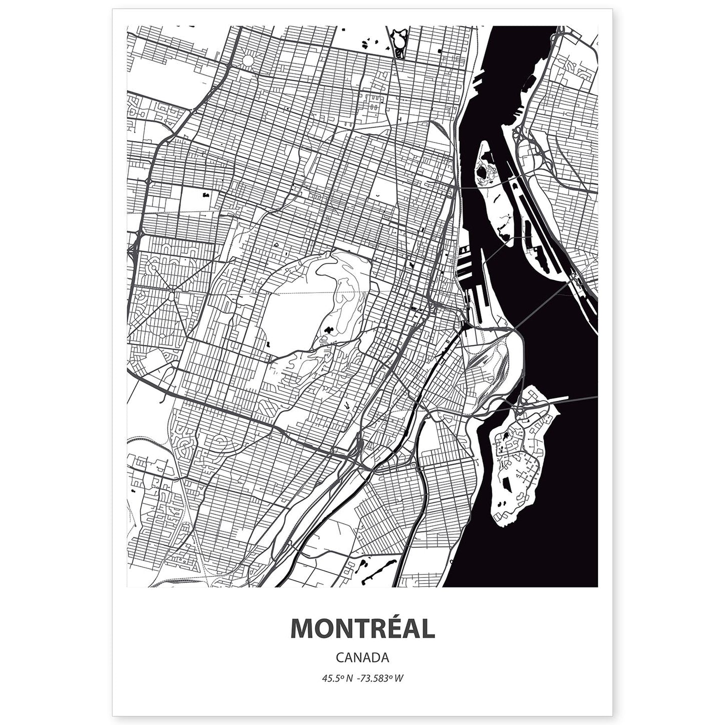 Poster con mapa de Montreal - canada. Láminas de ciudades de Canada con mares y ríos en color negro.-Artwork-Nacnic-A4-Sin marco-Nacnic Estudio SL