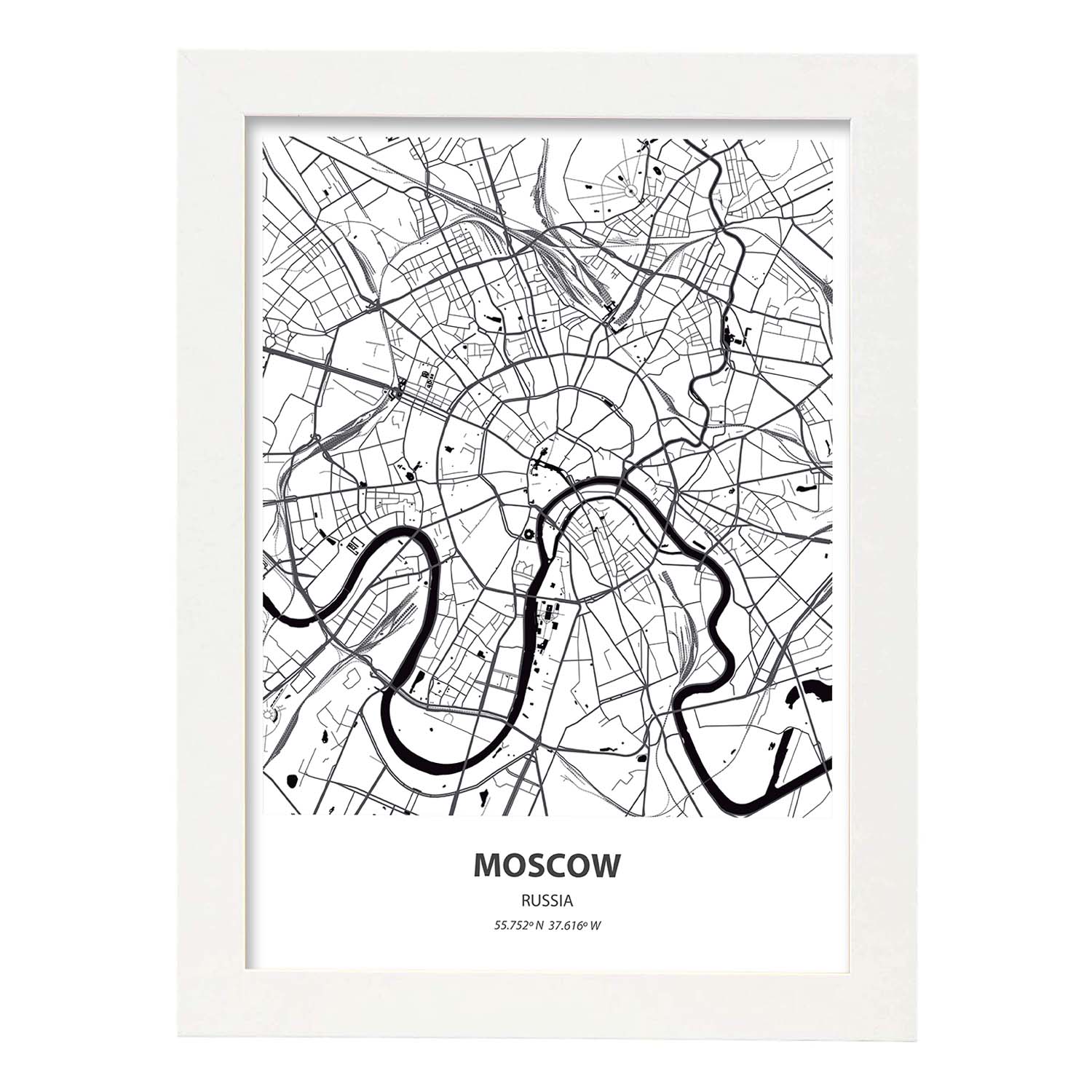 Poster con mapa de Moscow - Rusia. Láminas de ciudades de Asia con mares y ríos en color negro.-Artwork-Nacnic-A3-Marco Blanco-Nacnic Estudio SL