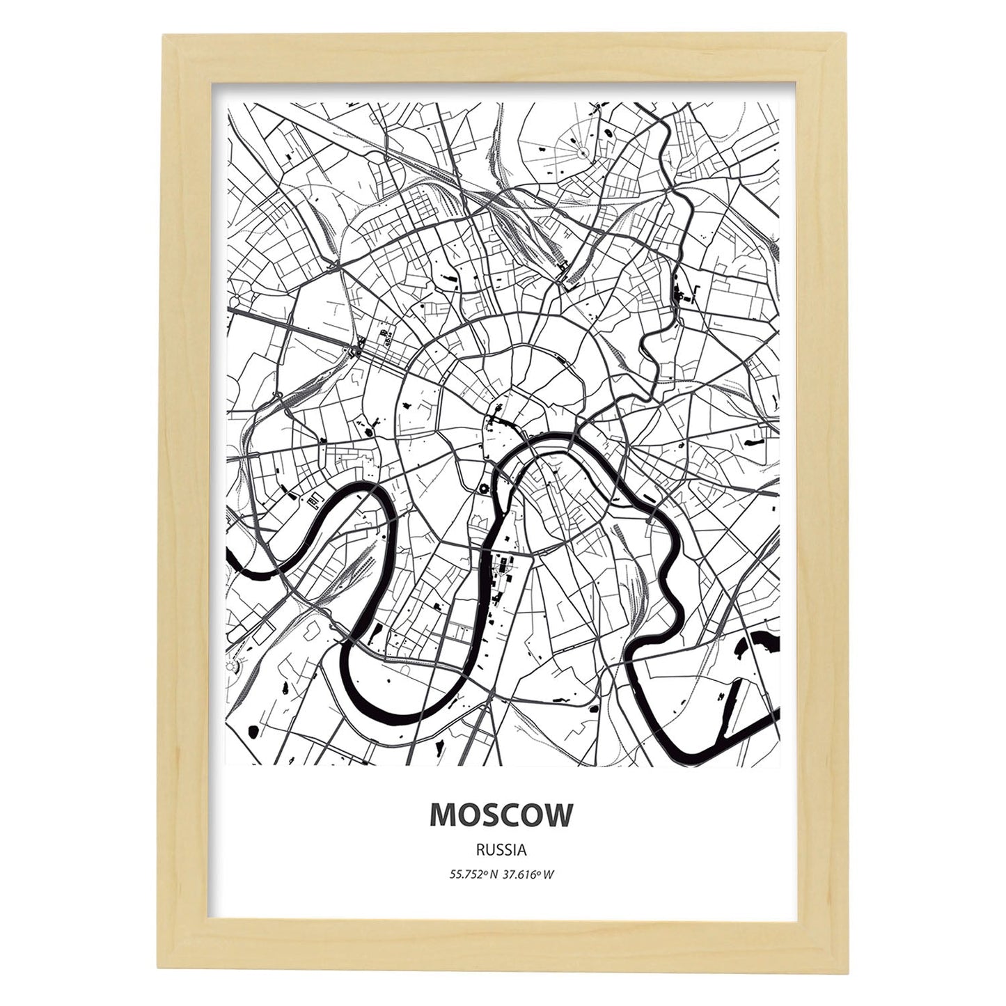 Poster con mapa de Moscow - Rusia. Láminas de ciudades de Asia con mares y ríos en color negro.-Artwork-Nacnic-A3-Marco Madera clara-Nacnic Estudio SL