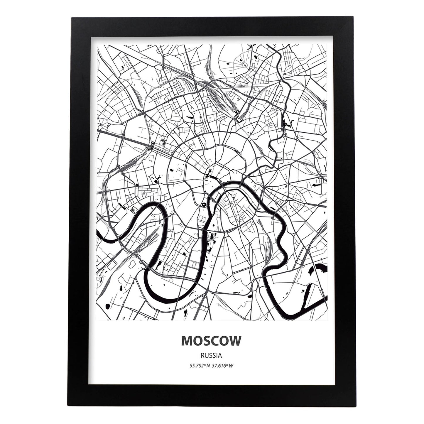 Poster con mapa de Moscow - Rusia. Láminas de ciudades de Asia con mares y ríos en color negro.-Artwork-Nacnic-A3-Marco Negro-Nacnic Estudio SL