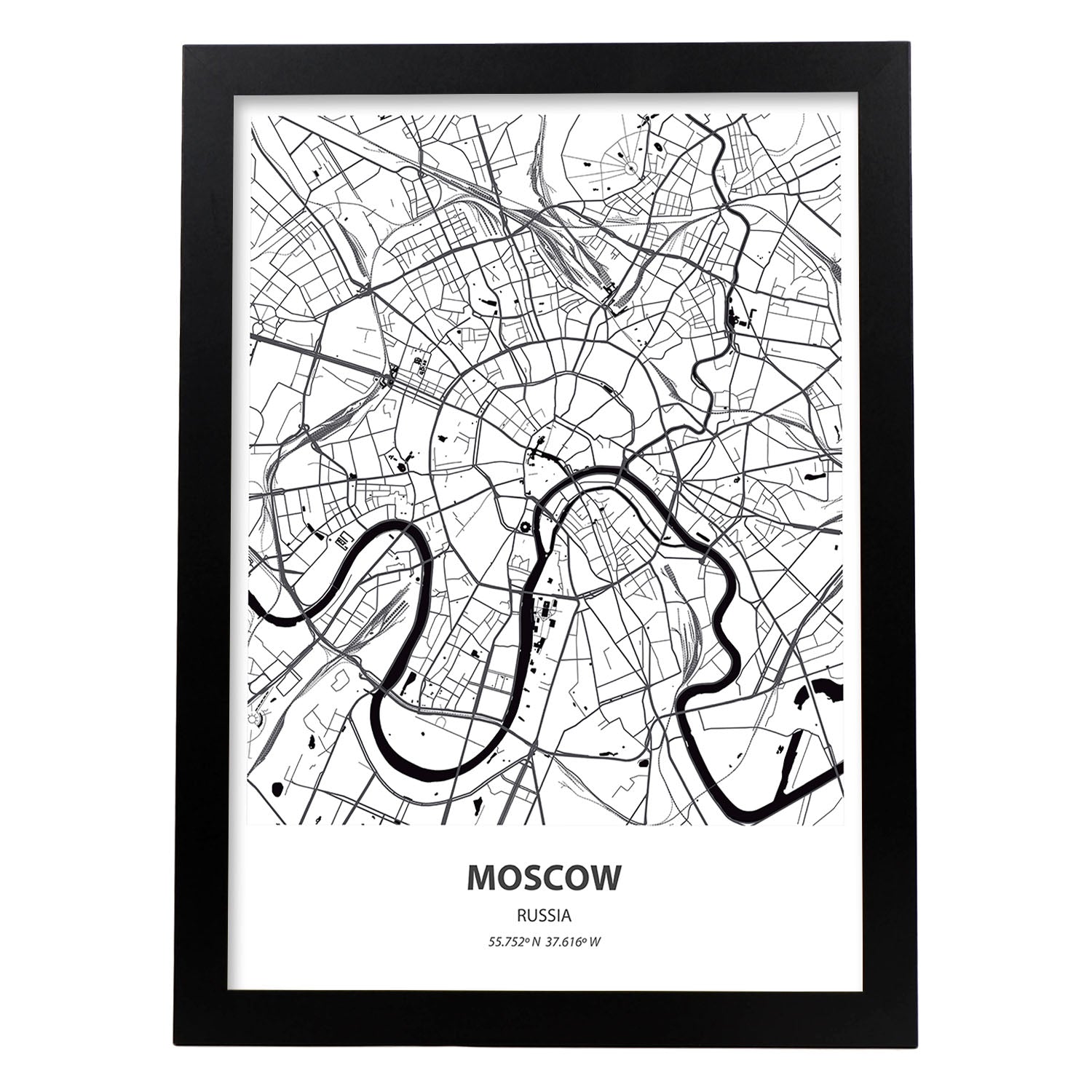 Poster con mapa de Moscow - Rusia. Láminas de ciudades de Asia con mares y ríos en color negro.-Artwork-Nacnic-A3-Marco Negro-Nacnic Estudio SL