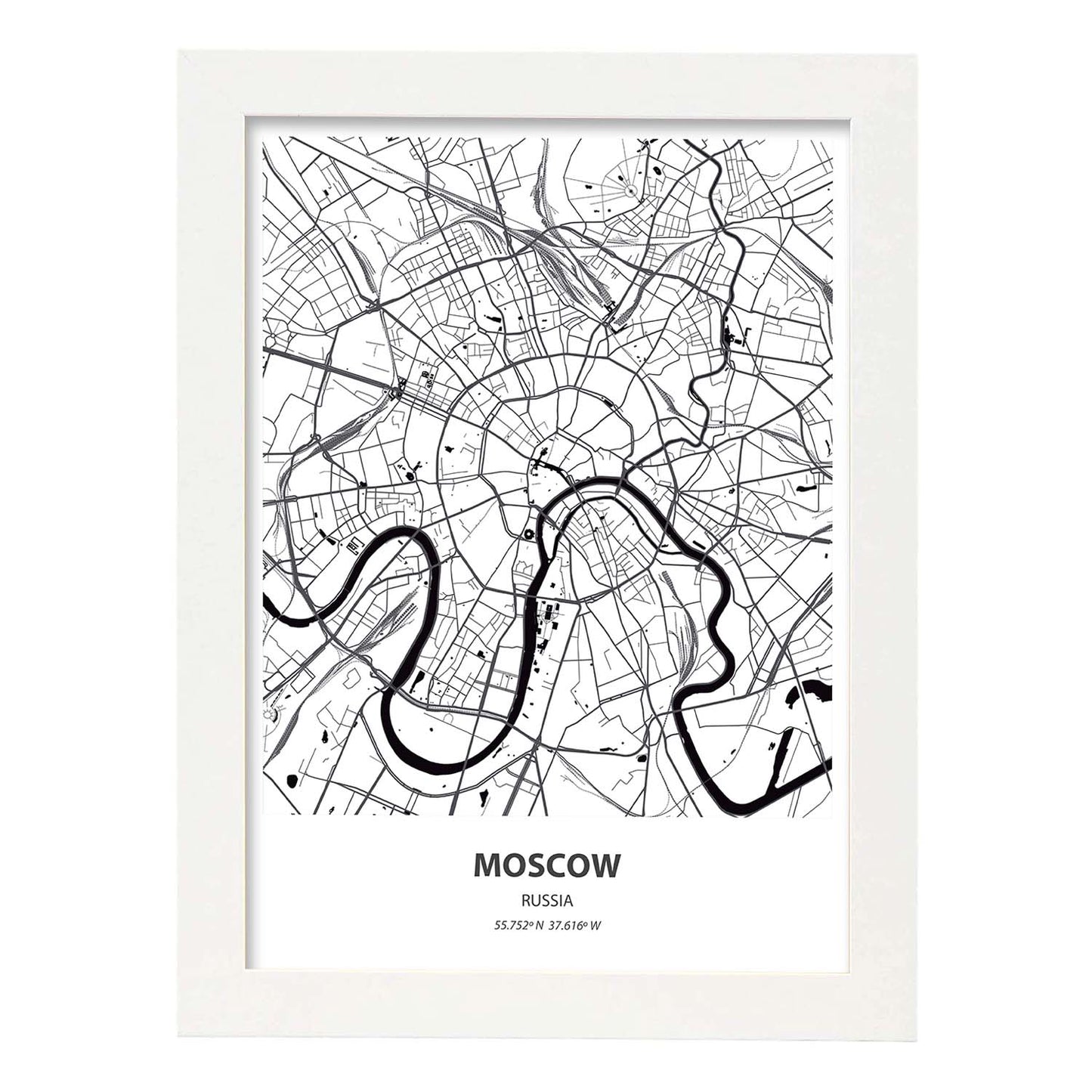 Poster con mapa de Moscow - Rusia. Láminas de ciudades de Asia con mares y ríos en color negro.-Artwork-Nacnic-A4-Marco Blanco-Nacnic Estudio SL
