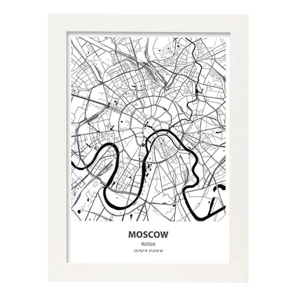 Poster con mapa de Moscow - Rusia. Láminas de ciudades de Asia con mares y ríos en color negro.-Artwork-Nacnic-A4-Marco Blanco-Nacnic Estudio SL