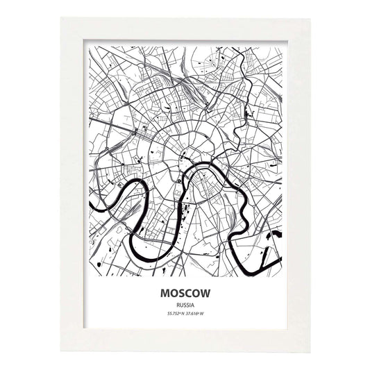 Poster con mapa de Moscow - Rusia. Láminas de ciudades de Asia con mares y ríos en color negro.-Artwork-Nacnic-A4-Marco Blanco-Nacnic Estudio SL