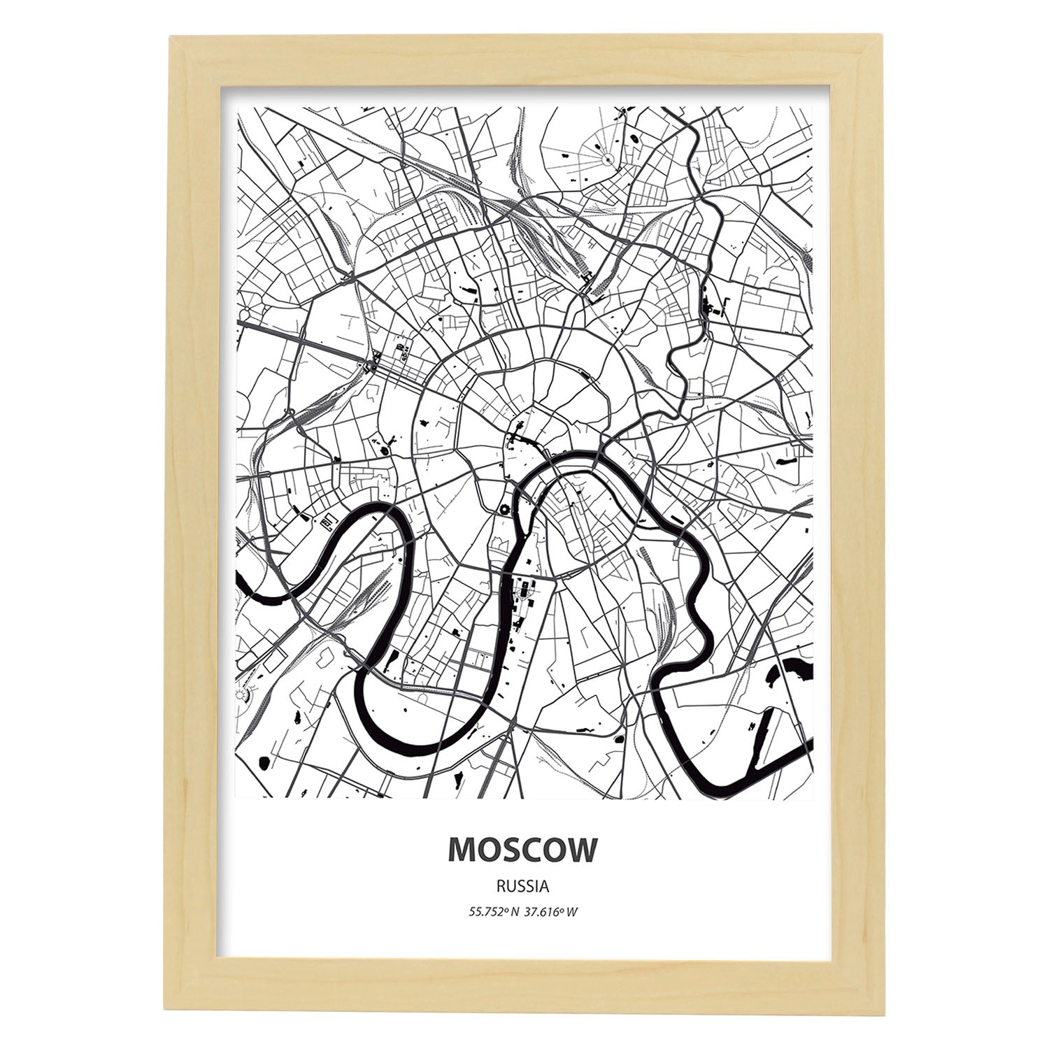 Poster con mapa de Moscow - Rusia. Láminas de ciudades de Asia con mares y ríos en color negro.-Artwork-Nacnic-A4-Marco Madera clara-Nacnic Estudio SL