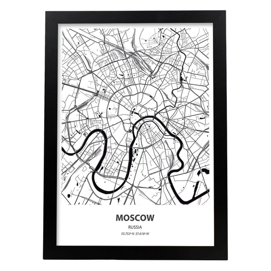 Poster con mapa de Moscow - Rusia. Láminas de ciudades de Asia con mares y ríos en color negro.-Artwork-Nacnic-A4-Marco Negro-Nacnic Estudio SL