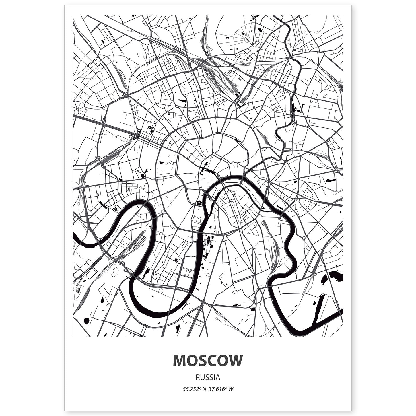 Poster con mapa de Moscow - Rusia. Láminas de ciudades de Asia con mares y ríos en color negro.-Artwork-Nacnic-A4-Sin marco-Nacnic Estudio SL