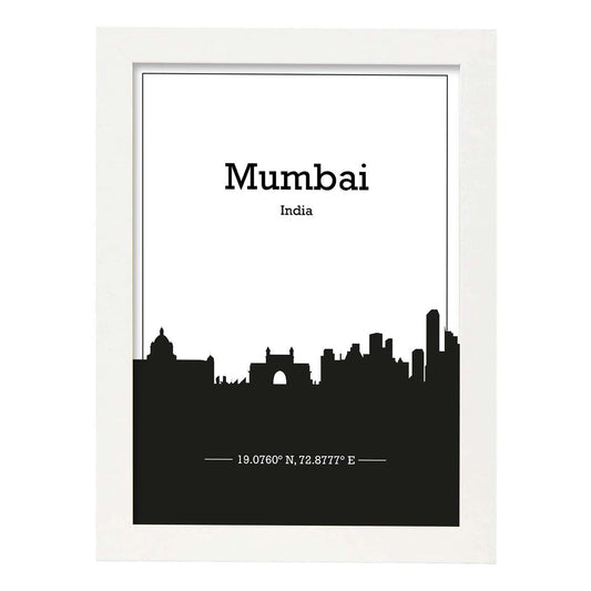 Poster con mapa de Mumbai - India. Láminas con Skyline de ciudades de Asia, Australia, y Oriente Medio con sombra negra.-Artwork-Nacnic-A4-Marco Blanco-Nacnic Estudio SL