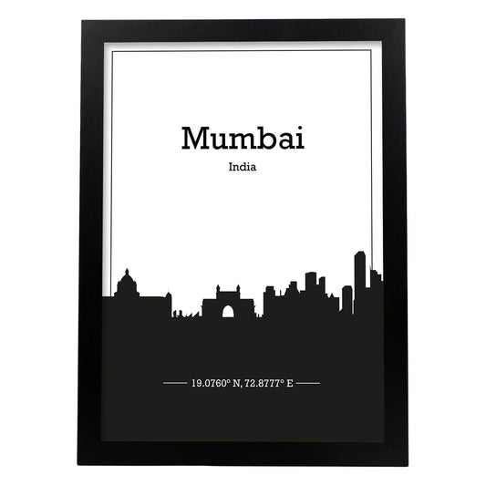 Poster con mapa de Mumbai - India. Láminas con Skyline de ciudades de Asia, Australia, y Oriente Medio con sombra negra.-Artwork-Nacnic-A4-Marco Negro-Nacnic Estudio SL