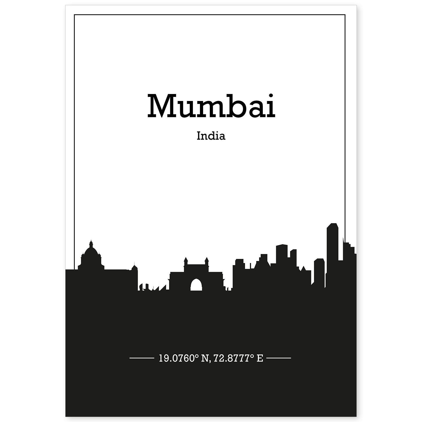 Poster con mapa de Mumbai - India. Láminas con Skyline de ciudades de Asia, Australia, y Oriente Medio con sombra negra.-Artwork-Nacnic-A4-Sin marco-Nacnic Estudio SL