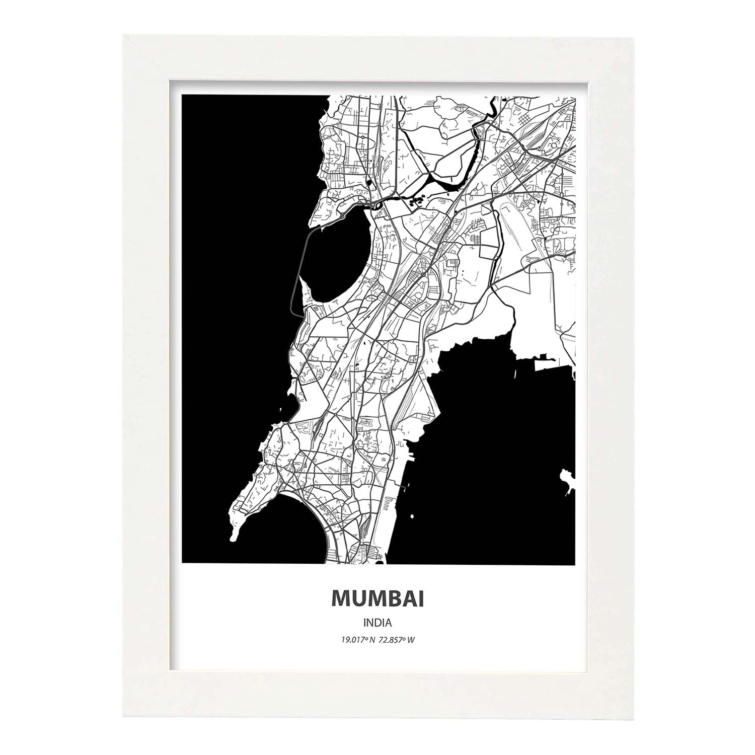 Poster con mapa de Mumbai - India. Láminas de ciudades de Asia con mares y ríos en color negro.-Artwork-Nacnic-A3-Marco Blanco-Nacnic Estudio SL