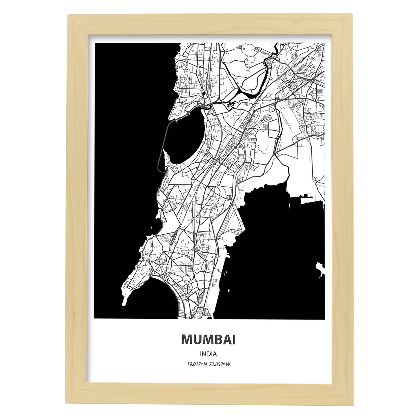 Poster con mapa de Mumbai - India. Láminas de ciudades de Asia con mares y ríos en color negro.-Artwork-Nacnic-A3-Marco Madera clara-Nacnic Estudio SL