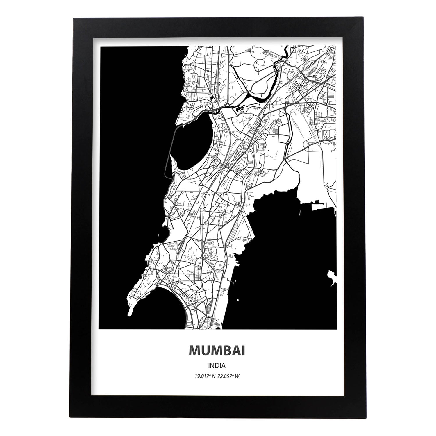 Poster con mapa de Mumbai - India. Láminas de ciudades de Asia con mares y ríos en color negro.-Artwork-Nacnic-A3-Marco Negro-Nacnic Estudio SL