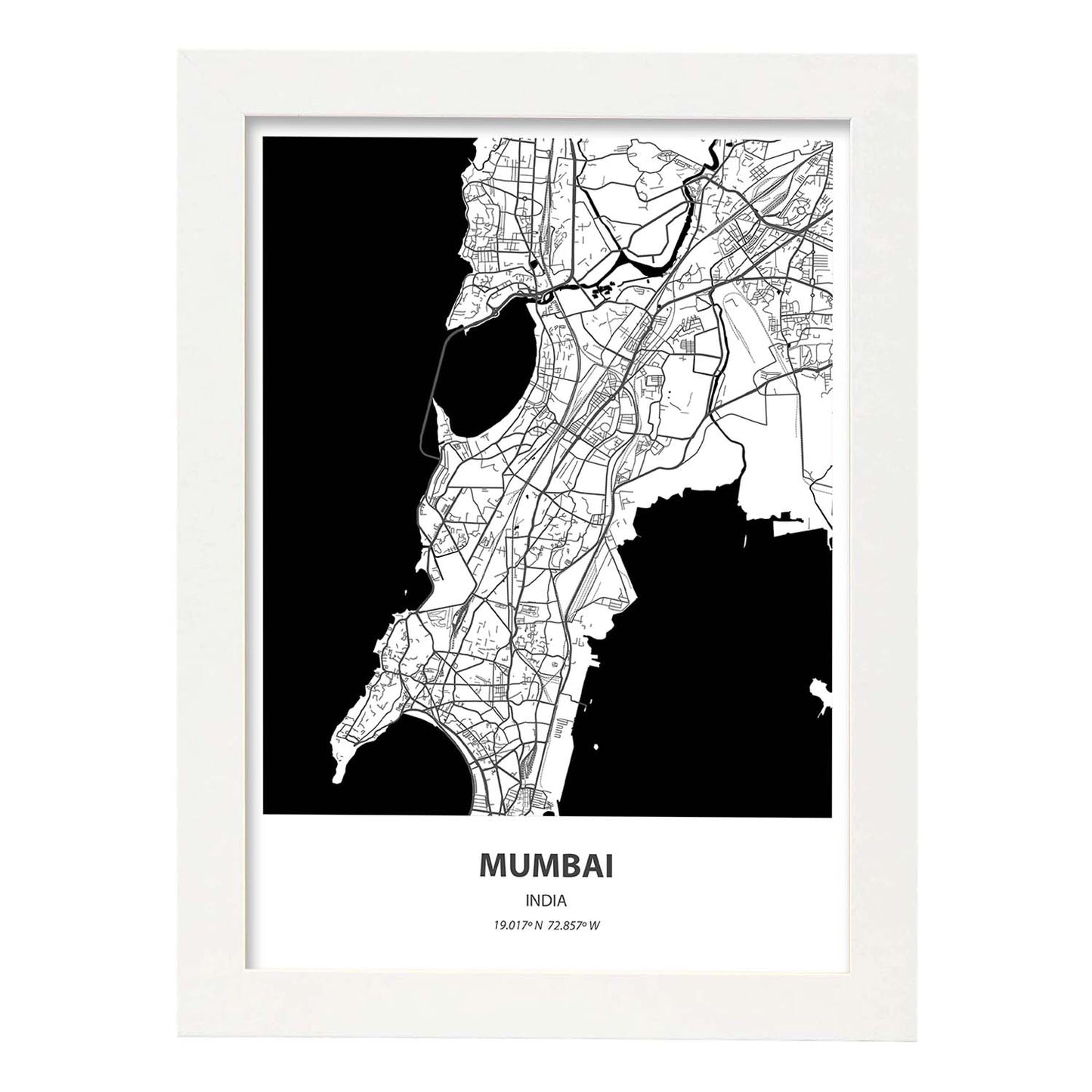 Poster con mapa de Mumbai - India. Láminas de ciudades de Asia con mares y ríos en color negro.-Artwork-Nacnic-A4-Marco Blanco-Nacnic Estudio SL