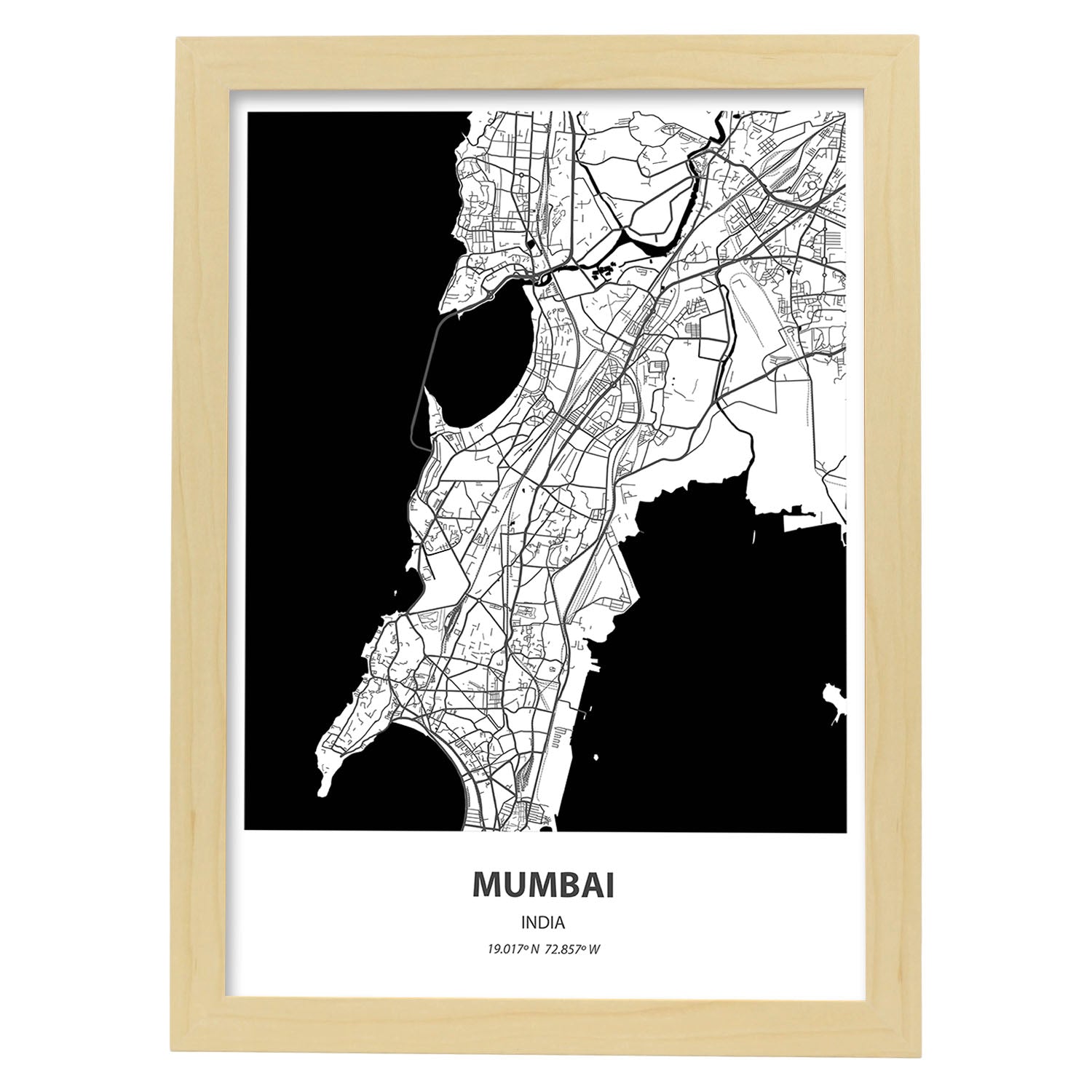 Poster con mapa de Mumbai - India. Láminas de ciudades de Asia con mares y ríos en color negro.-Artwork-Nacnic-A4-Marco Madera clara-Nacnic Estudio SL
