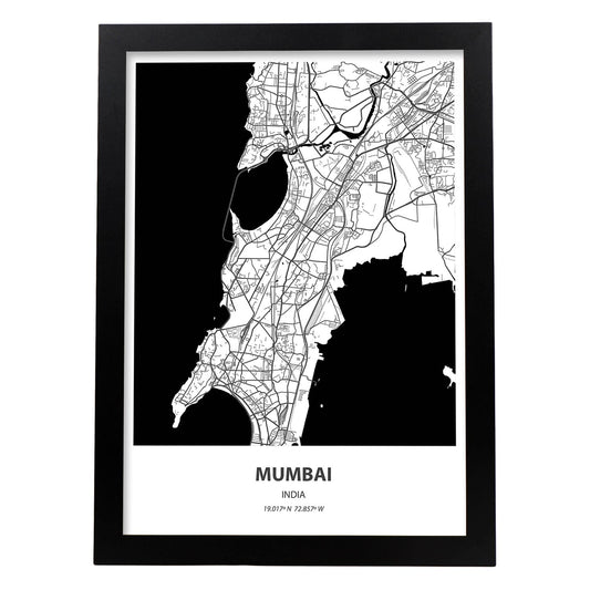 Poster con mapa de Mumbai - India. Láminas de ciudades de Asia con mares y ríos en color negro.-Artwork-Nacnic-A4-Marco Negro-Nacnic Estudio SL