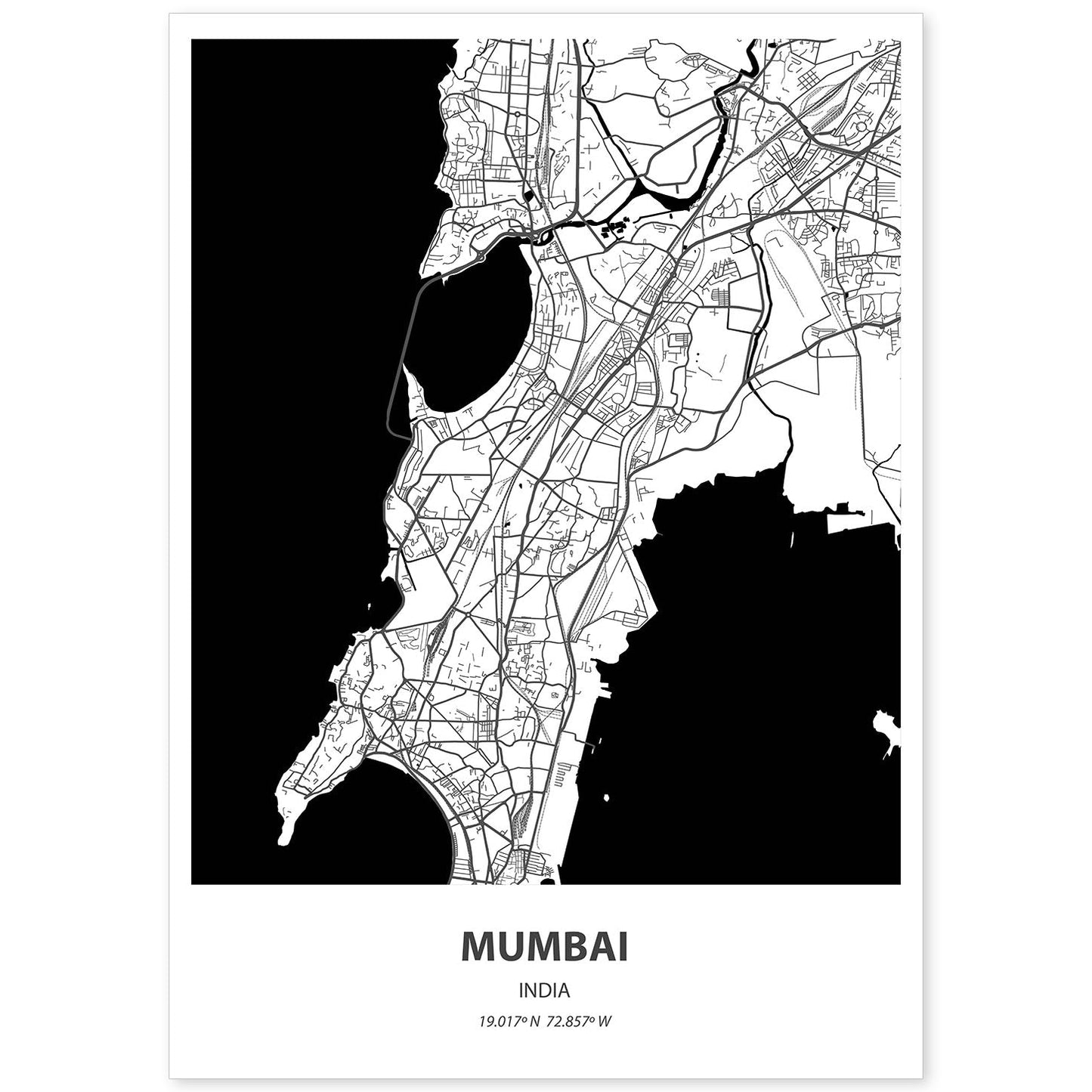 Poster con mapa de Mumbai - India. Láminas de ciudades de Asia con mares y ríos en color negro.-Artwork-Nacnic-A4-Sin marco-Nacnic Estudio SL