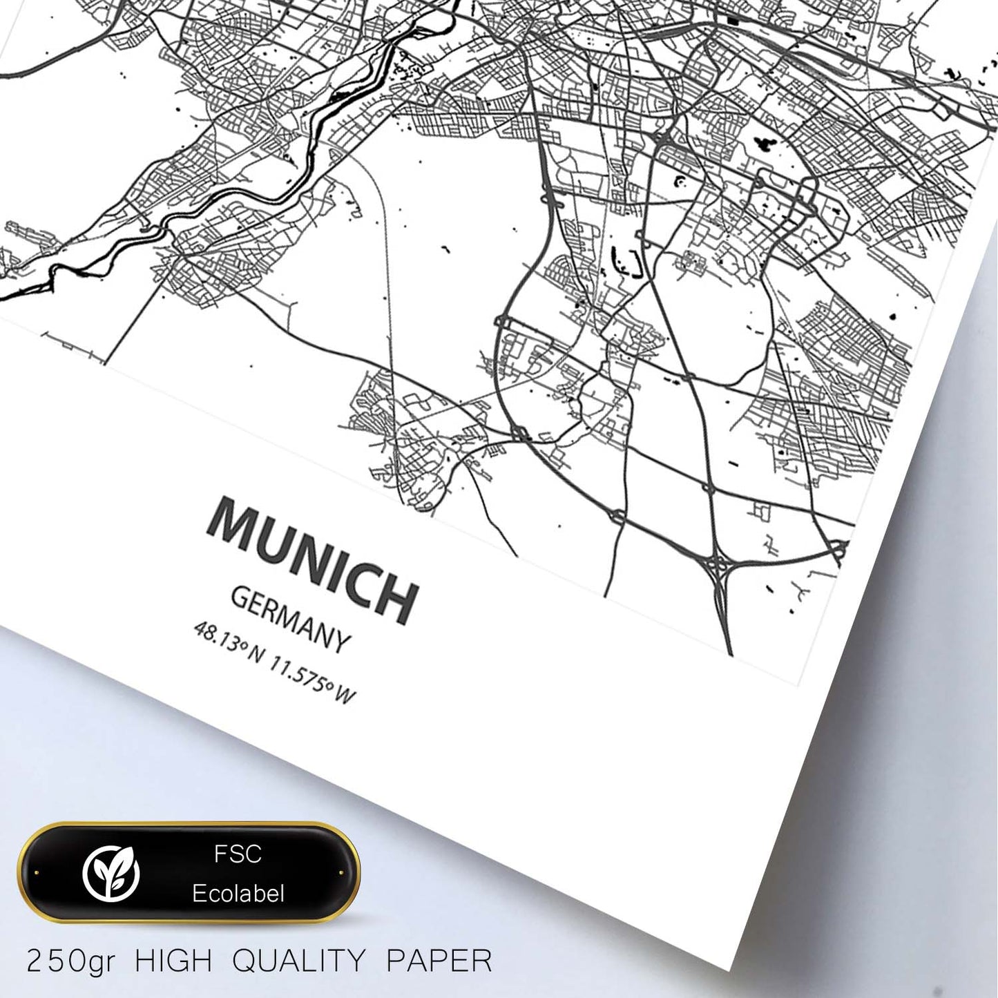 Poster con mapa de Munich - Alemania. Láminas de ciudades de Alemania con mares y ríos en color negro.-Artwork-Nacnic-Nacnic Estudio SL