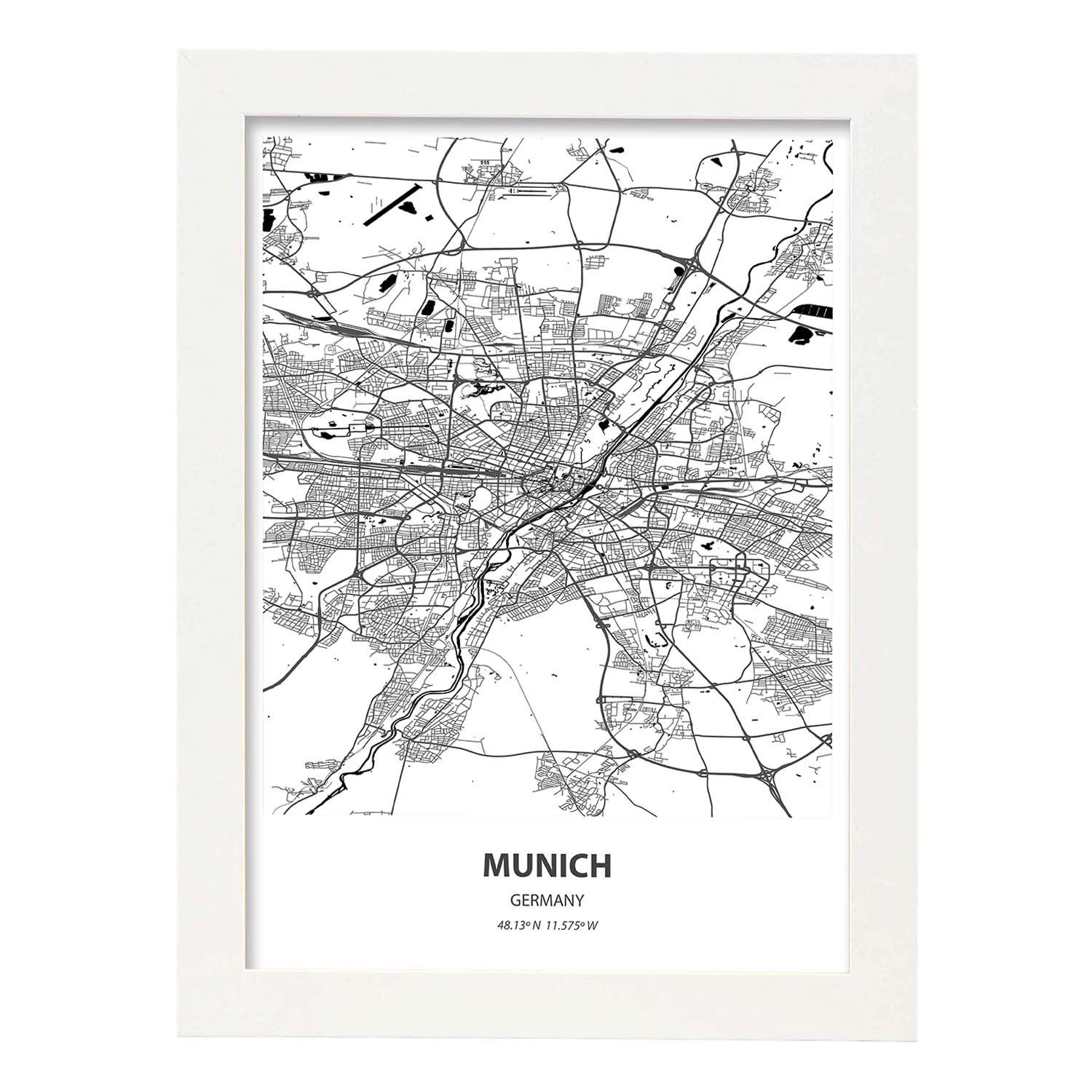 Poster con mapa de Munich - Alemania. Láminas de ciudades de Alemania con mares y ríos en color negro.-Artwork-Nacnic-A3-Marco Blanco-Nacnic Estudio SL