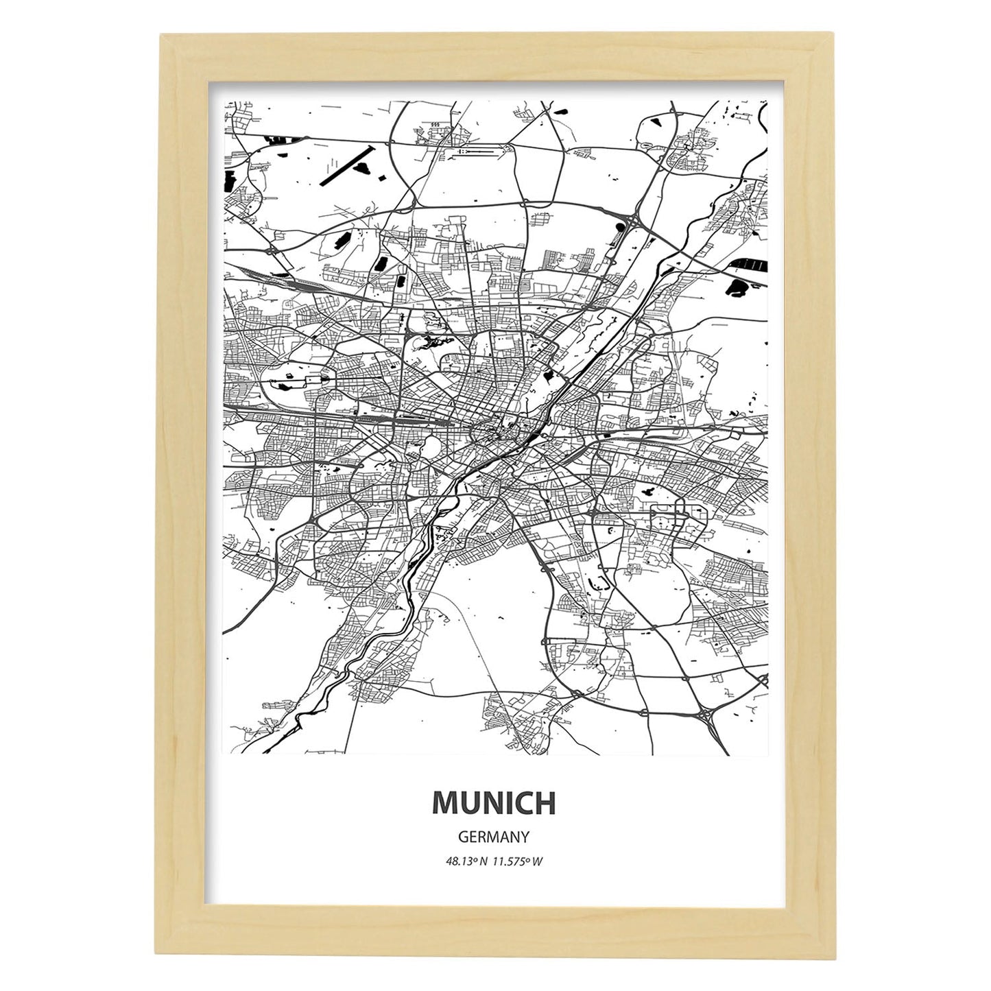 Poster con mapa de Munich - Alemania. Láminas de ciudades de Alemania con mares y ríos en color negro.-Artwork-Nacnic-A3-Marco Madera clara-Nacnic Estudio SL