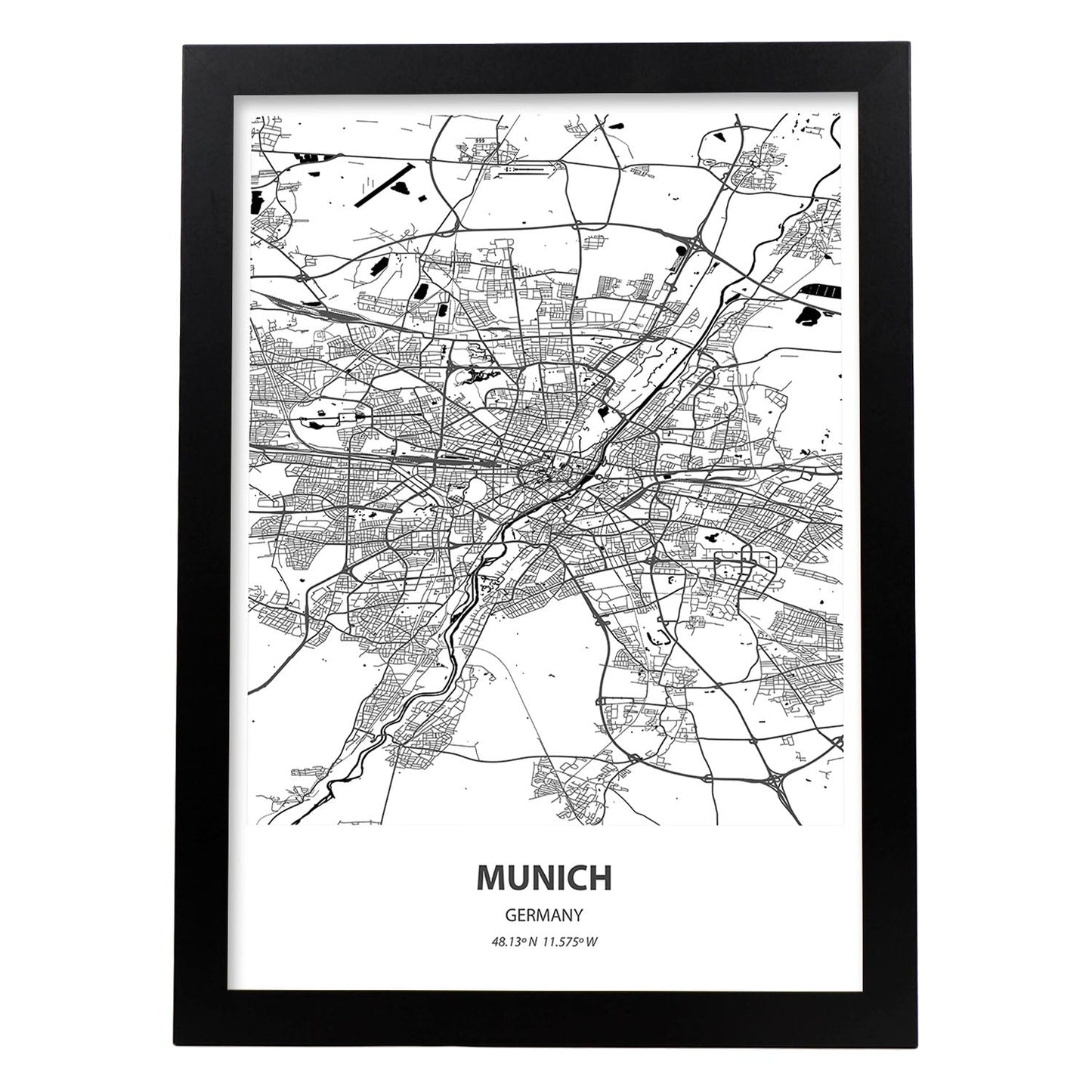 Poster con mapa de Munich - Alemania. Láminas de ciudades de Alemania con mares y ríos en color negro.-Artwork-Nacnic-A3-Marco Negro-Nacnic Estudio SL