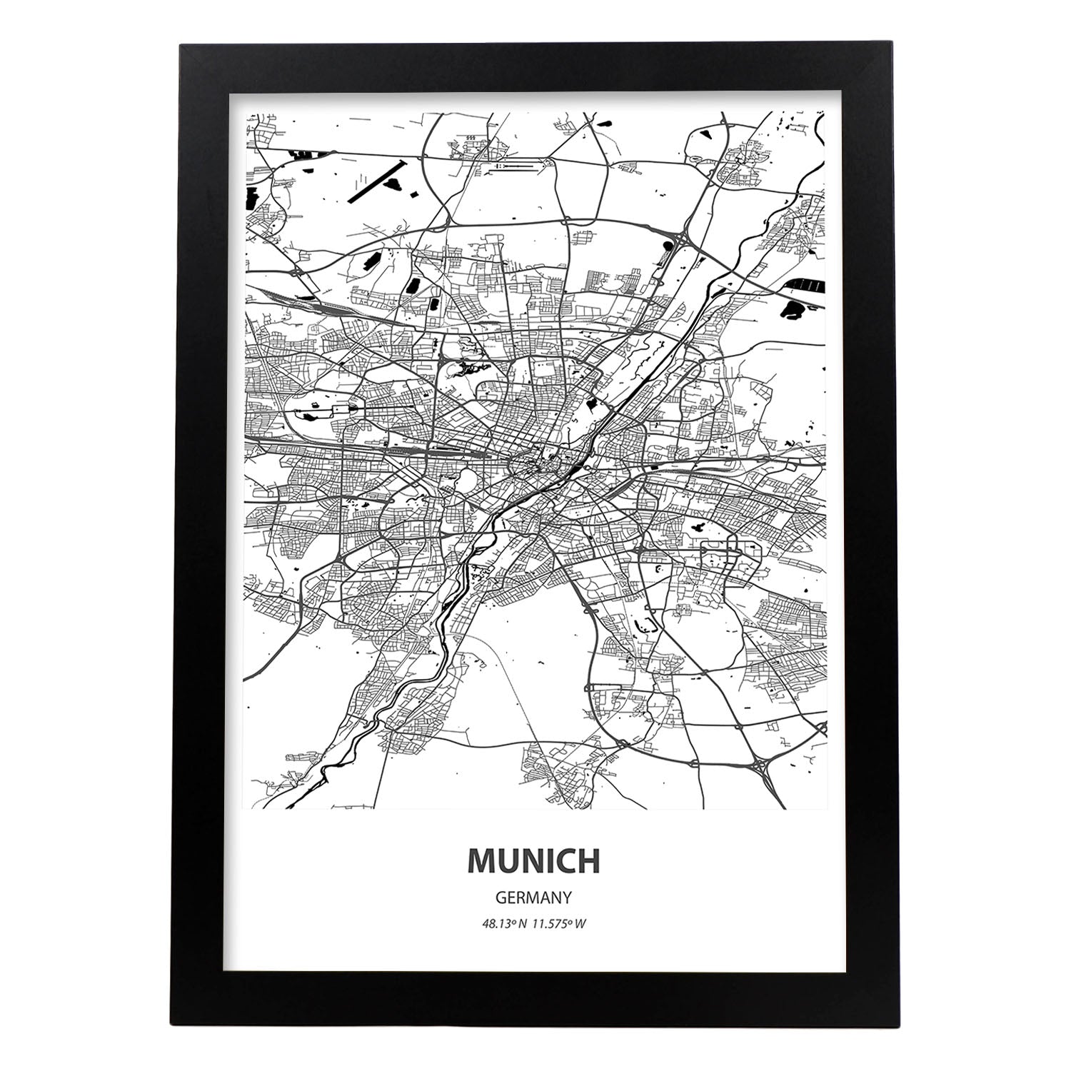 Poster con mapa de Munich - Alemania. Láminas de ciudades de Alemania con mares y ríos en color negro.-Artwork-Nacnic-A3-Marco Negro-Nacnic Estudio SL