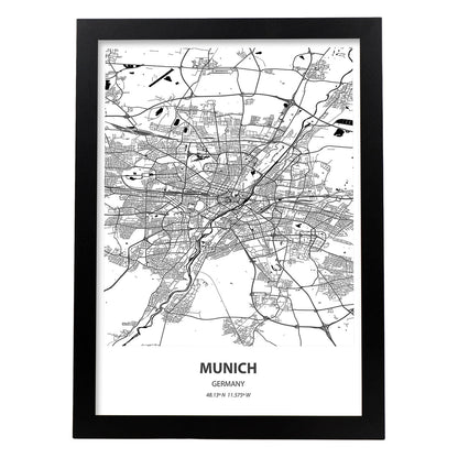 Poster con mapa de Munich - Alemania. Láminas de ciudades de Alemania con mares y ríos en color negro.-Artwork-Nacnic-A4-Marco Negro-Nacnic Estudio SL