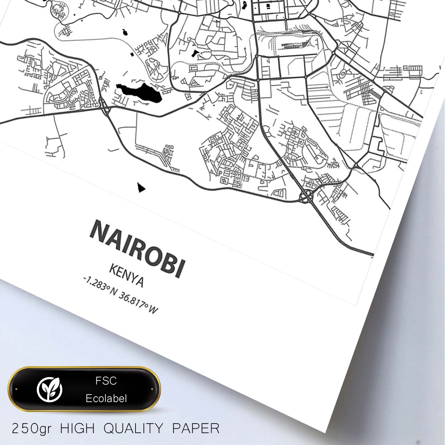 Poster con mapa de Nairobi - Kenia. Láminas de ciudades de África con mares y ríos en color negro.-Artwork-Nacnic-Nacnic Estudio SL